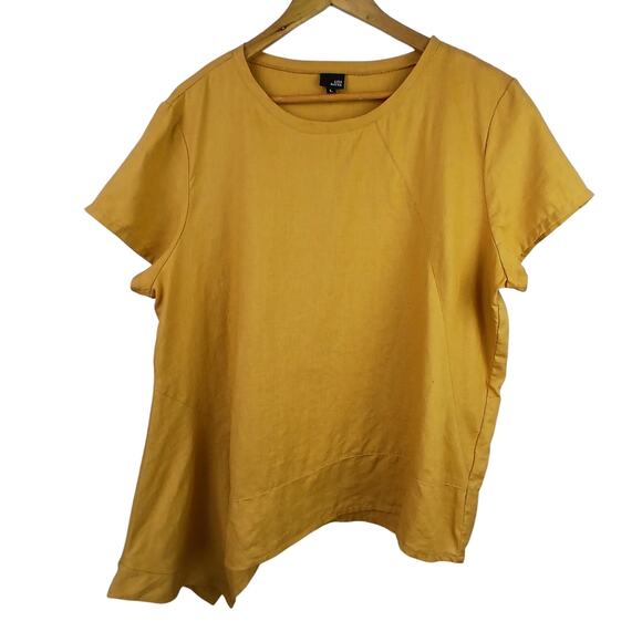 Lisa Bayne SZ L 100% Linen Cleo Mustard Yellow Asymmetrical Top Lagenlook - Picture 2 of 5